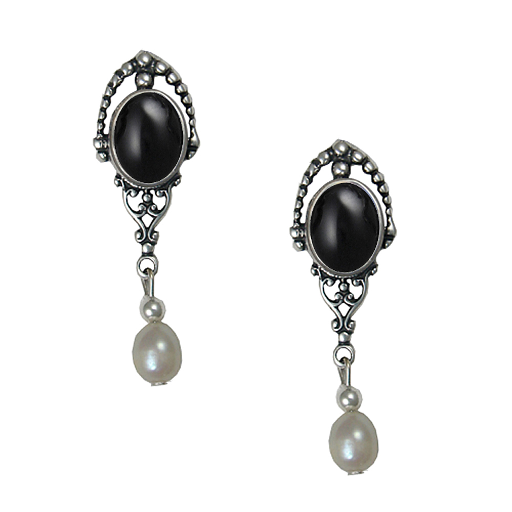 Sterling Silver Cultured Freshwater Pearl Drop Dangle Earrings With Black Onyx